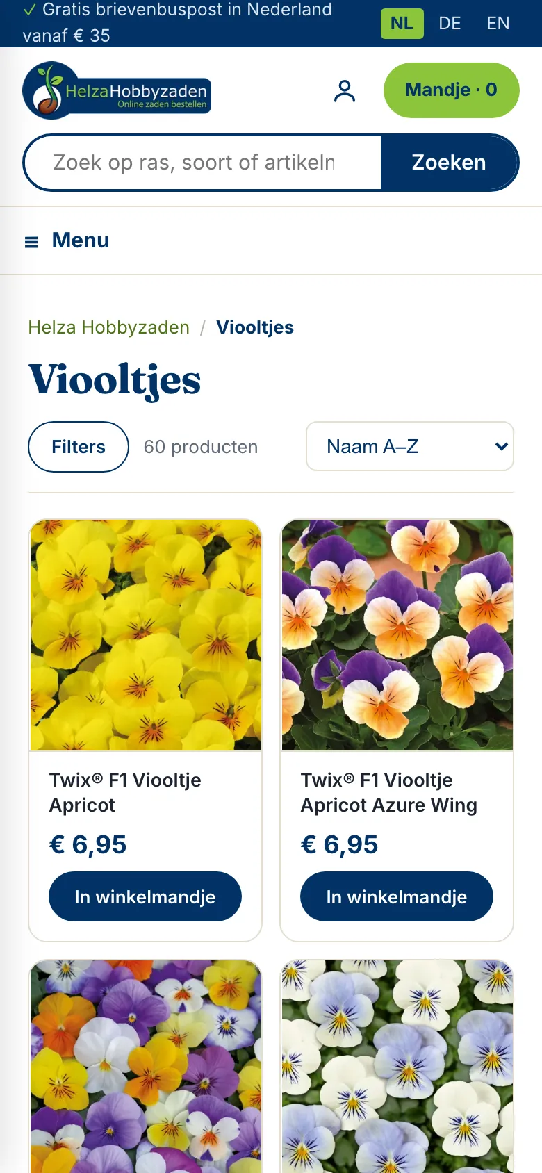 Helza Hobbyzaden, categoriepagina op de telefoon