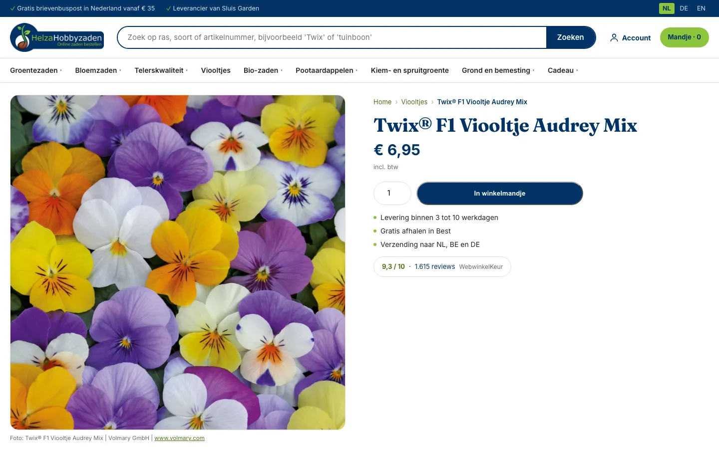 Helza Hobbyzaden, productpagina op de computer