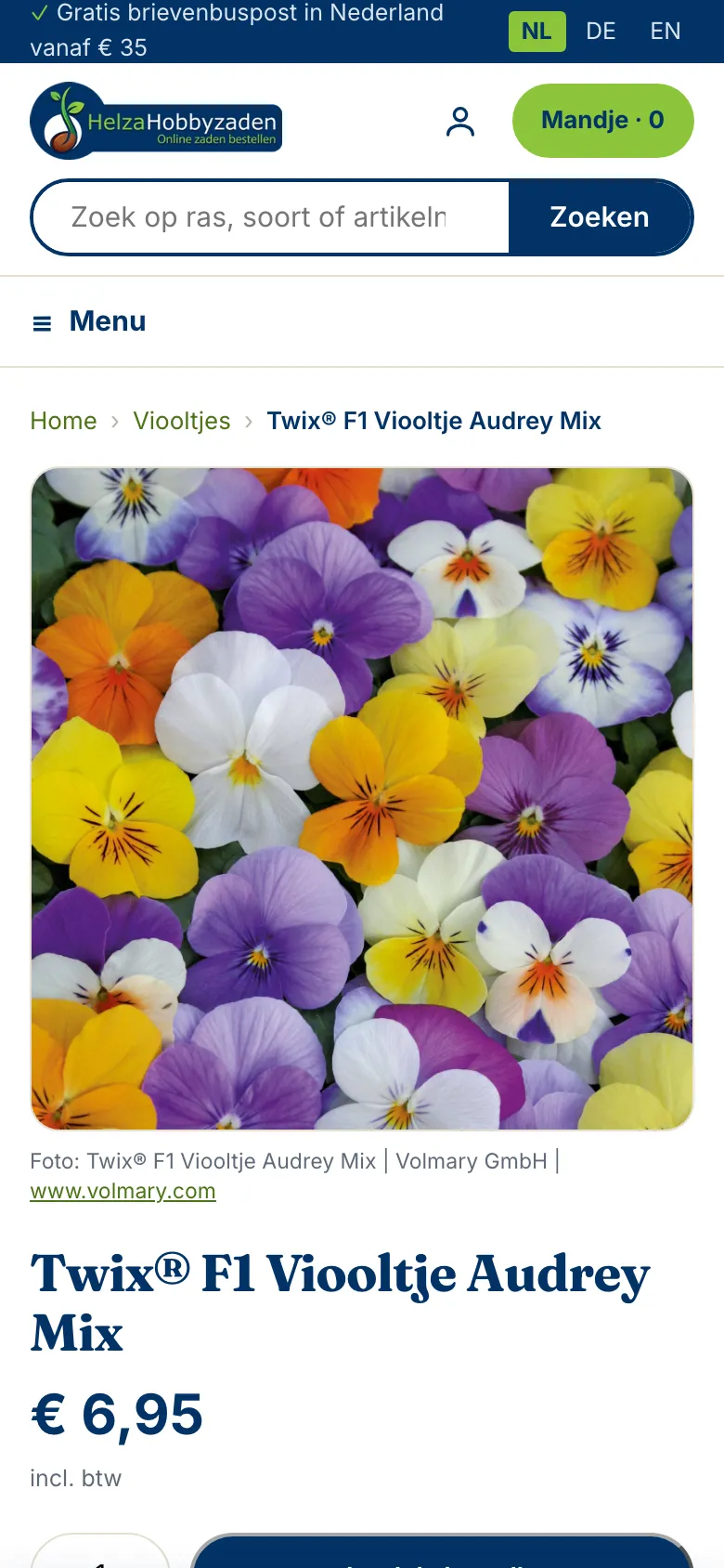 Helza Hobbyzaden, productpagina op de telefoon