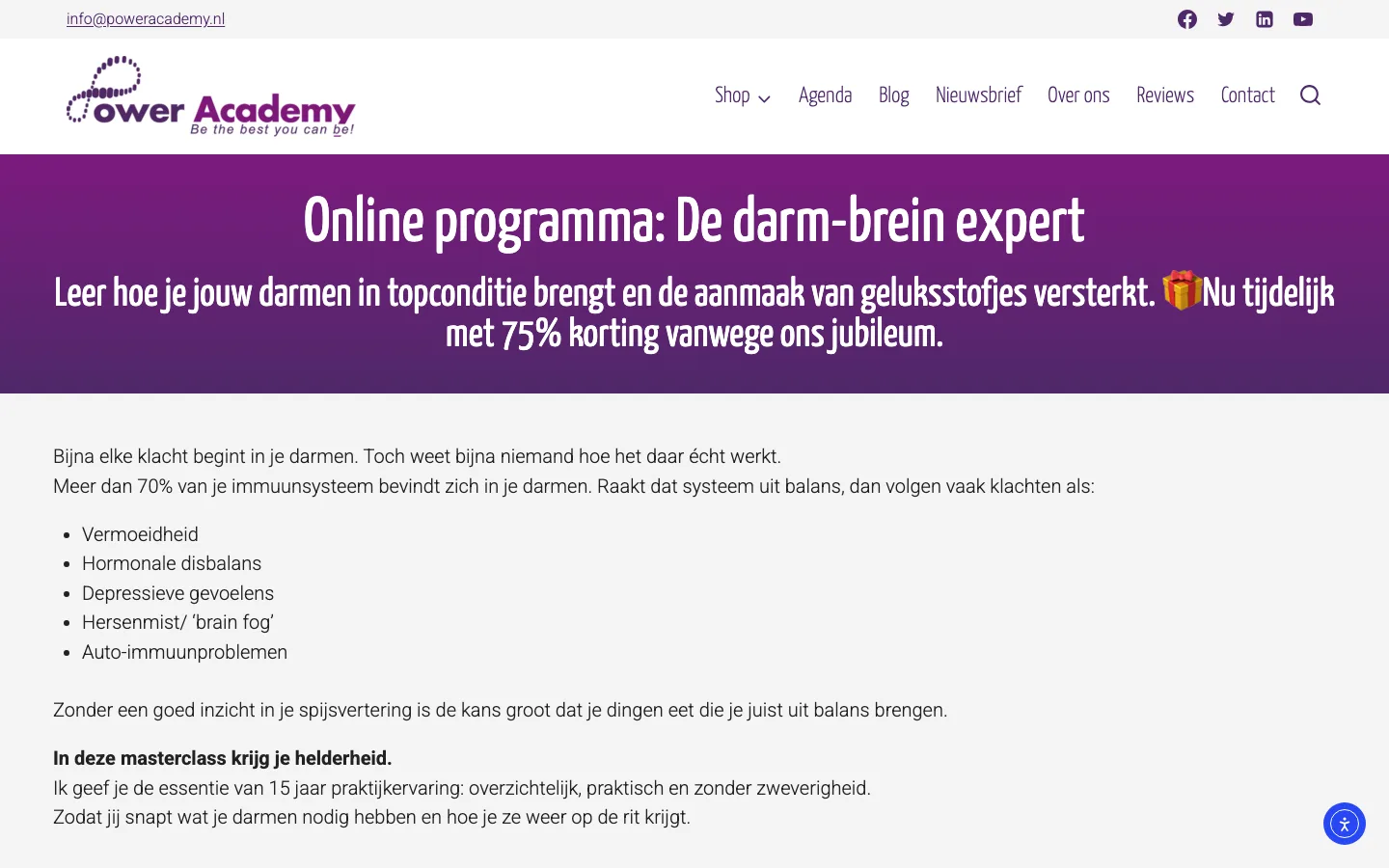Power Academy, huidige site, verkooppagina van de masterclass De darm-brein expert op de computer