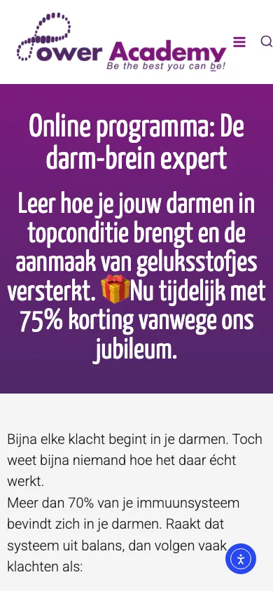 Power Academy, huidige site, verkooppagina van de masterclass De darm-brein expert op de telefoon