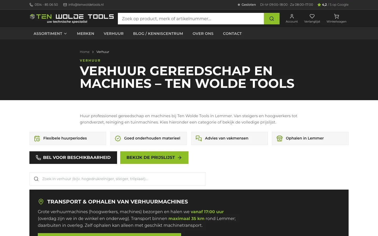 Ten Wolde Tools, verhuurpagina op de computer