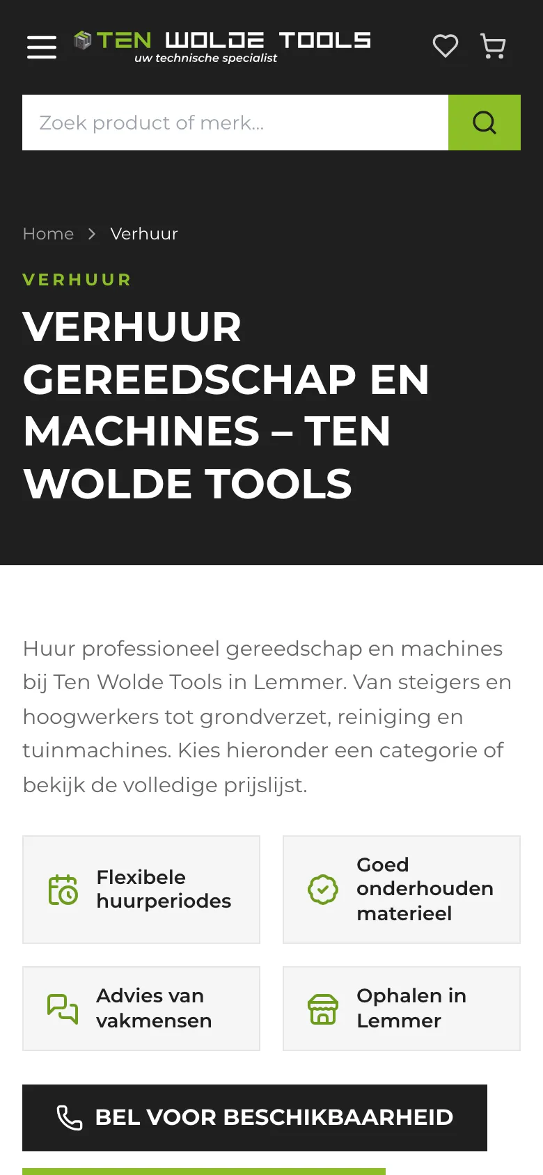 Ten Wolde Tools, verhuurpagina op de telefoon